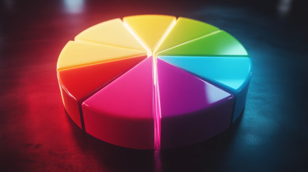 A vibrant pie chart features colorful segments emitting a striking glow. The modern design symbolizes data analysis, creativity, and innovative strategies in business.の素材