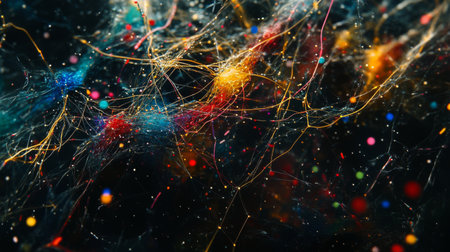 This abstract image showcases a vibrant network of colorful threads and particles flowing against a dark background. The energetic composition creates an enchanting visual effect.の素材