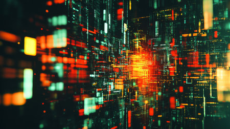 A vibrant, abstract digital background featuring colorful lights and dynamic patterns. Perfect for technology themes, modern design, and creative projects.の素材