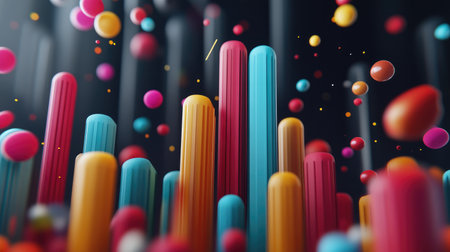 A bold and colorful 3D bar chart with animated elements, showcasing fluctuating trends in a playful way against a muted background for focus.の素材