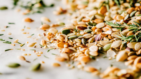A close-up shot of raw seeds scattered on a white marble countertop, highlighting their natural colors and shapes, perfect for healthy cooking conceptsの素材