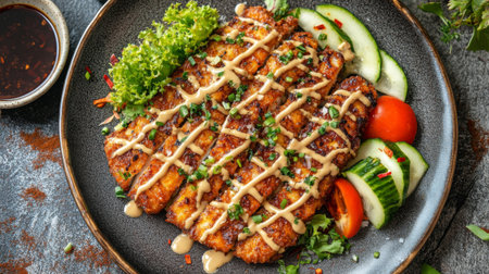 A beautifully presented grilled chicken dish garnished with vibrant vegetables, featuring a delicious sauce drizzle that adds flavor and visual appeal.の素材