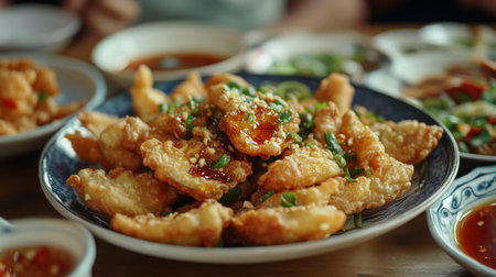 A vibrant plate of crispy fried dishes garnished with green onions, perfect as appetizers or snacks, showcasing a tempting culinary experience ideal for sharing.の素材