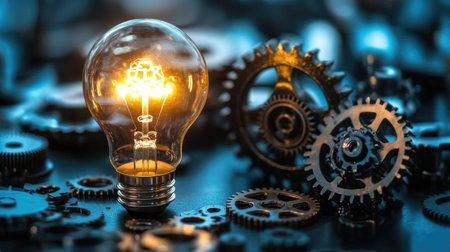 A creative still life featuring a light bulb surrounded by gears and mechanical parts, representing the fusion of technology and creativity in design.の素材