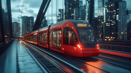 A sleek red tram travels along the railway, illuminated by city lights, showcasing modern transportation in a vibrant urban setting during dusk.の素材