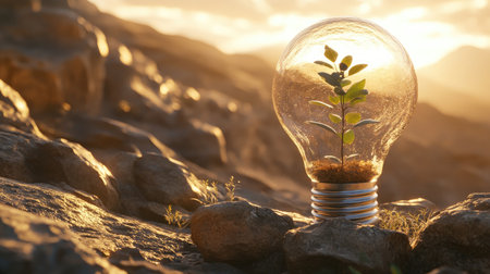 A creative composition featuring a light bulb filled with water and a small plant inside, symbolizing the concept of growth and innovation.の素材