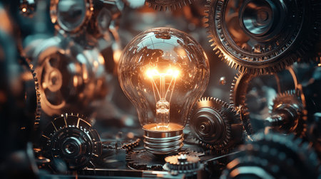 A creative still life featuring a light bulb surrounded by gears and mechanical parts, representing the fusion of technology and creativity in design.の素材