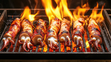 A dynamic shot of a grill filled with skewers of grilled squid, with smoky flames and charred edges creating an enticing visual of outdoor cooking.の素材
