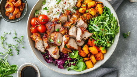 A delightful overhead shot of a generous serving of crispy pork with sides of fresh salad and rice, showcasing a colorful and appetizing meal.の素材