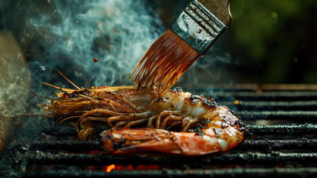 A dramatic shot of a large shrimp being brushed with a marinade on the grill, capturing the heat and smoky aroma that makes grilled seafood irresistible.の素材