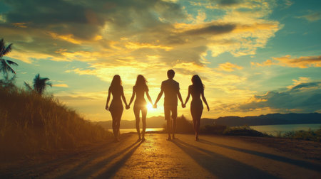 A captivating silhouette of four friends walking hand in hand along a beach at sunset. The vibrant colors of the sky create a stunning backdrop, evoking feelings of joy and friendship in nature.の素材
