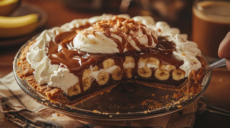 A dynamic shot of banoffee pie being sliced, capturing the gooey caramel and banana layers, with crumbs scattered for a casual look.の素材