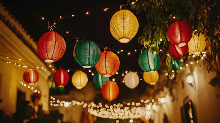 A dynamic shot of colorful paper lanterns hanging above a decorated outdoor space, casting a warm glow and creating a festive celebration atmosphere.の素材