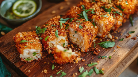 A dynamic shot of crispy fried chicken pieces being pulled apart, revealing juicy meat inside, with breadcrumbs and spices scattered on a wooden cutting board.の素材