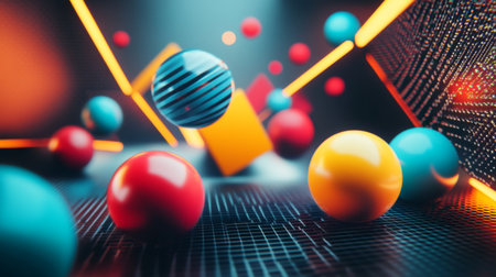 Explore a vibrant 3D abstract composition featuring colorful spheres and geometric shapes. This digital artwork combines dynamic forms and glowing lights for a modern aesthetic.の素材
