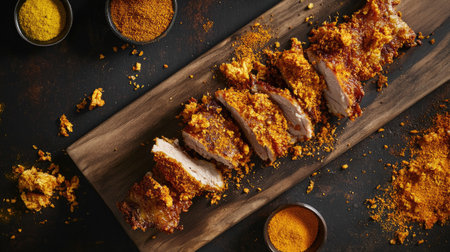 A dynamic shot of crispy fried chicken pieces being pulled apart, revealing juicy meat inside, with breadcrumbs and spices scattered on a wooden cutting board.の素材