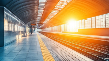 A modern train station platform illuminated by a bright sunrise, showcasing sleek architecture and empty tracks, ideal for travel and urban themes.の素材