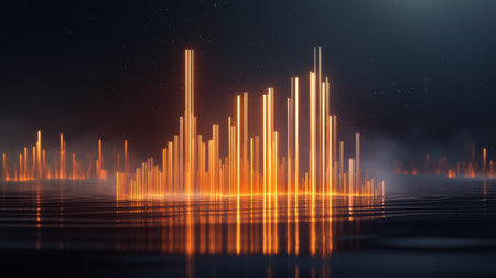 This stunning graphic features an orange sound wave visualization against a sleek black background, showcasing digital energy and movement in an artistic design.の素材