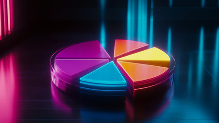 A captivating pie chart featuring vibrant colored segments illuminated by neon lights, perfect for representing data visuals and creative design concepts.の素材