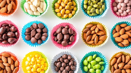 A playful arrangement of chocolate-covered nuts and seeds in colorful wrappers, set against a white background, perfect for a treat or dessert theme.の素材