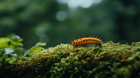 A vibrant orange caterpillar crawls over lush green moss in a serene forest environment. This close-up image highlights the intricate details of nature and wildlife.の素材
