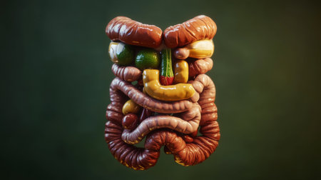 This vibrant 3D illustration showcases the human digestive system, creatively integrating fruits and vegetables to emphasize nutrition. Ideal for educational purposes.の素材