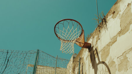 A vintage basketball hoop set against a vibrant blue sky in an abandoned location. The weathered textures and shadows create a nostalgic atmosphere.の素材