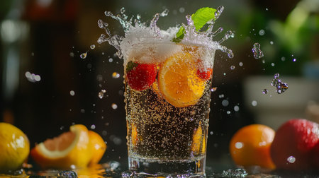 A vibrant citrus beverage with a splash of ice, fresh fruit, and bubbles captures the essence of summer enjoyment. Perfect for refreshment!の素材