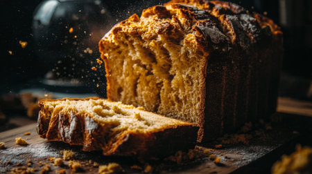 A freshly baked loaf of bread sits on a wooden cutting board, with a slice cut showing its soft texture. The warm aroma and rustic appeal make it perfect for any meal.の素材