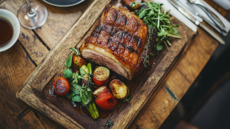 A beautifully roasted piece of meat served with assorted vegetables on a rustic wooden platter. Ideal for showcasing gourmet dining experiences.の素材