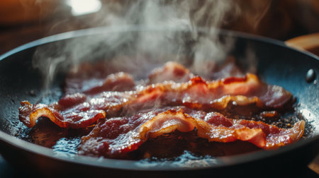 A close-up view of crispy bacon cooking in a pan, releasing steam and savory aromas. Perfect for food lovers, chefs, and culinary enthusiasts.の素材