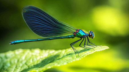 A stunning dragonfly resting on a lush green leaf showcases vibrant colors and intricate wing patterns, embodying the beauty of nature's biodiversity.の素材
