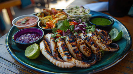 A vibrant plate of grilled squid garnished with colorful vegetables and dipping sauces, showcasing the appetizing presentation against a rustic background.の素材