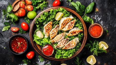 A vibrant composition featuring gyoza served on a bamboo steamer, surrounded by fresh vegetables and dipping sauces, creating a colorful and inviting scene.の素材
