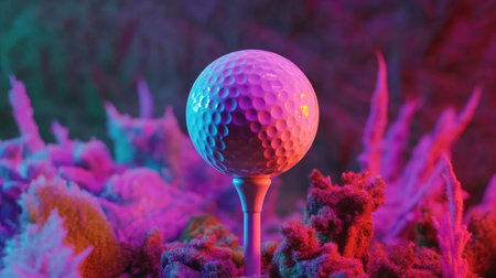 A vibrant close-up of a golf ball positioned on a tee with a blurred background of a lush green course, emphasizing the anticipation of the swing.の素材