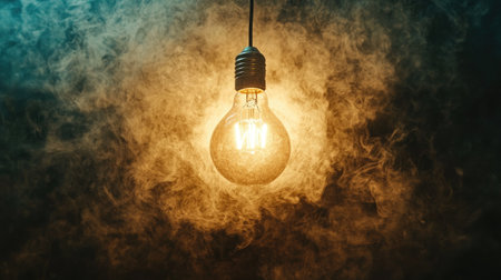 An artistic shot of a light bulb suspended in mid-air, surrounded by delicate wisps of smoke, creating a surreal and dreamy visual effect.の素材