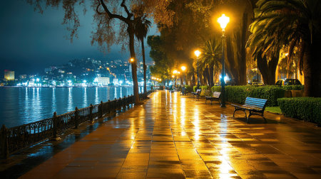 An elegant waterfront promenade at night, with twinkling lights reflecting off the water, surrounded by palm trees and benches inviting peaceful strolls.の素材