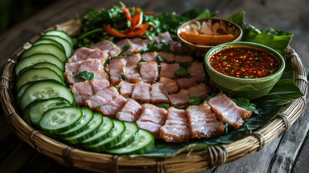 An appetizing arrangement of crispy pork on a bamboo platter, surrounded by fresh cucumber slices and a bowl of spicy dipping sauce, ideal for sharing.の素材