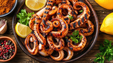 An artistic overhead shot of grilled squid on a rustic plate, surrounded by colorful spices and herbs, emphasizing the dish's culinary appeal.の素材