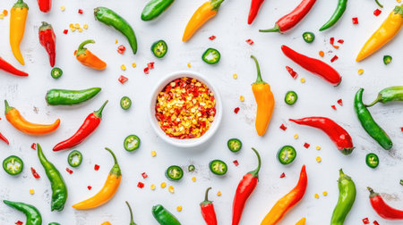 An overhead shot of chili peppers scattered around a small bowl of chili flakes, creating a dynamic composition of color and texture against a white background.の素材