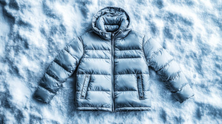 A stylish winter jacket laid on a snowy surface, showcasing its soft gray shade and insulated design, perfect for chilly outdoor adventures and fashion statements.の素材