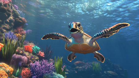 A stunning sea turtle gracefully swims through a vibrant coral reef, showcasing the beauty of ocean life. Colorful corals and marine plants surround this serene underwater scene, highlighting the intricate biodiversity of the sea.の素材
