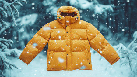 A bright yellow puffer jacket hangs in a snowy winter setting, creating a cozy and fashionable vibe. Perfect for cold weather adventures and stylish layers.の素材