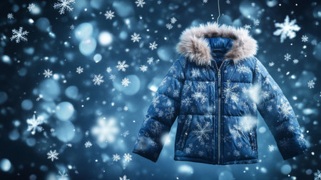 A vibrant blue winter jacket with a fur hood hangs gracefully against a snowy background, creating a cozy and festive winter atmosphere.の素材