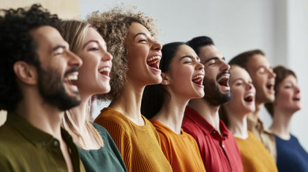 A group of diverse individuals joyfully singing together, showcasing happiness and connection. Their expressions reflect emotion and celebration in a lively atmosphere.の素材
