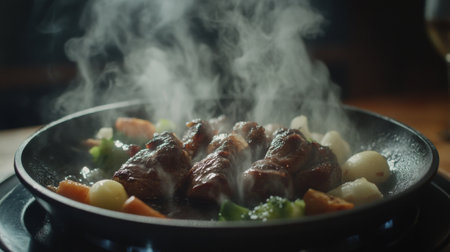 A captivating close-up of sizzling meat on a hot plate surrounded by fresh vegetables, with steam rising, evoking a delicious and savory dining experience.の素材