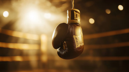 A close-up view of a boxing glove hanging in an illuminated ring, symbolizing the intense energy and spirit of the sport. Perfect for sports and fitness themes.の素材