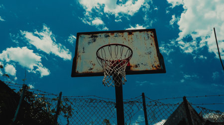 A weathered basketball hoop stands against a stunning blue sky, showcasing its rustic charm. The scene evokes a sense of nostalgia and outdoor adventure.の素材