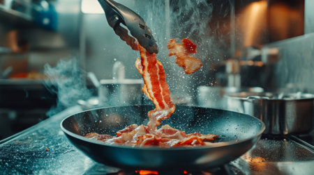Fresh bacon slices sizzle in a frying pan, releasing steam and delicious aromas. This dynamic kitchen scene captures the essence of cooking and gourmet meals.の素材