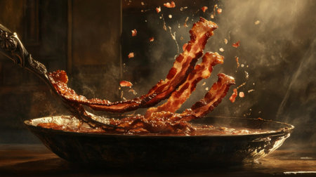 A striking image showcasing sizzling bacon being lifted from a rustic plate, set against a dramatic background, with droplets adding a dynamic touch. Perfect for food enthusiasts.の素材